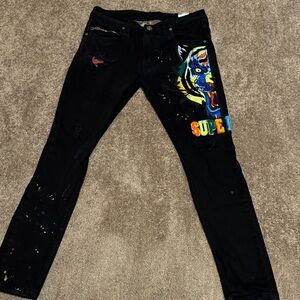 32x32 Men’s Black Skinny Jeans with  Vibrant Tiger Design